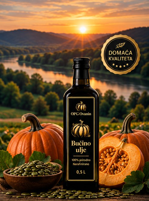 Bučino ulje OPG Ovanin s bučama, u pozadini dolina Kupe